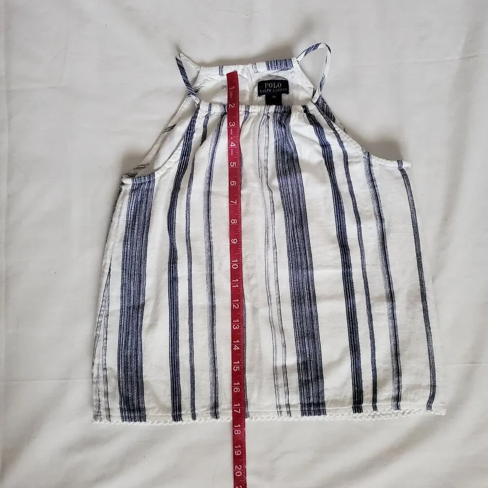 POLO Ralph Lauren Girls Blue Striped High‎ Neck Pom-Pom Hem Sleeveless Top Sz 10
